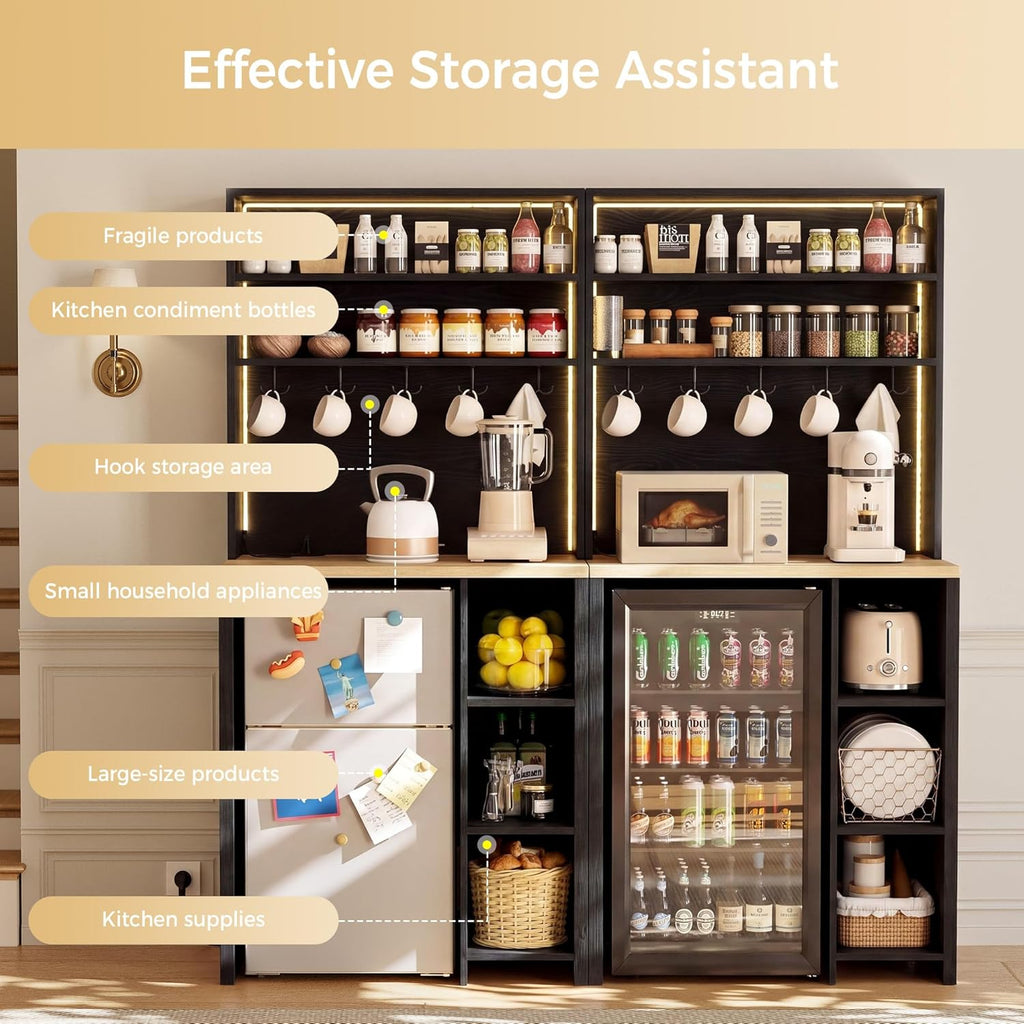 IRONCK Bakers Rack with Mini Fridge Space & Power Outlets, 69.3' Coffee Bar Station with LED Lights, 7-Tier Kitchen Microwave Stand with Hooks & Wooden Backboard, Space-Saving Utility Organizer, Black
