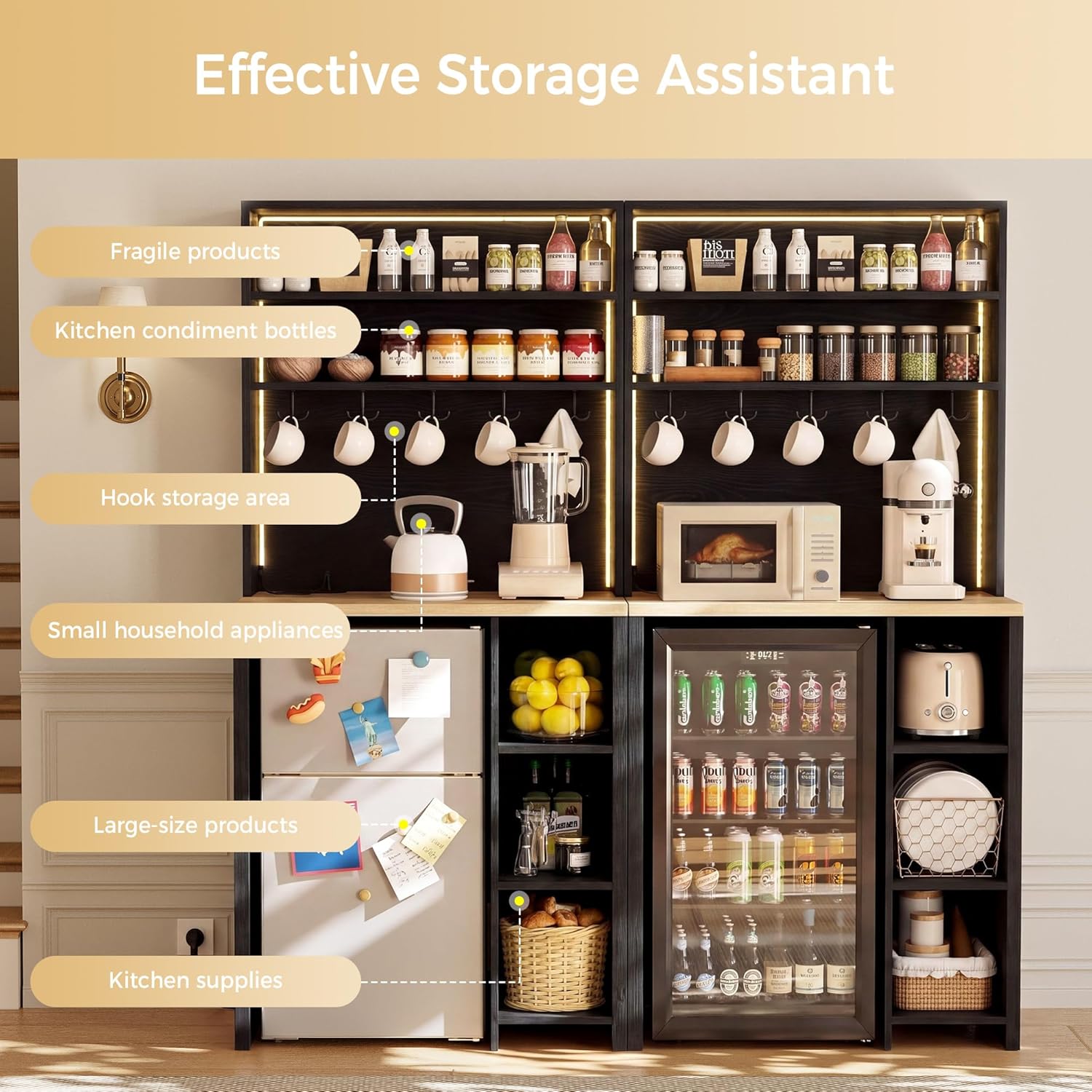 IRONCK Bakers Rack with Mini Fridge Space & Power Outlets, 69.3' Coffee Bar Station with LED Lights, 7-Tier Kitchen Microwave Stand with Hooks & Wooden Backboard, Space-Saving Utility Organizer, Black