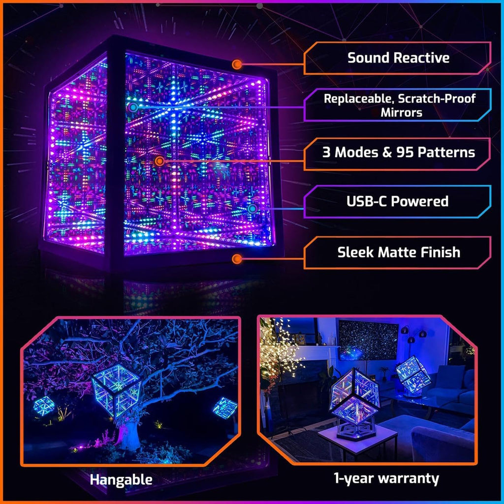 The Hyperspace Lighting Company HyperCube Infinity Cube LED Light - 10-Inch Sound Reactive Table Desktop Lamp - Cool & Creative RGB Multicolor Decorative Mirror Art Desk Night Light