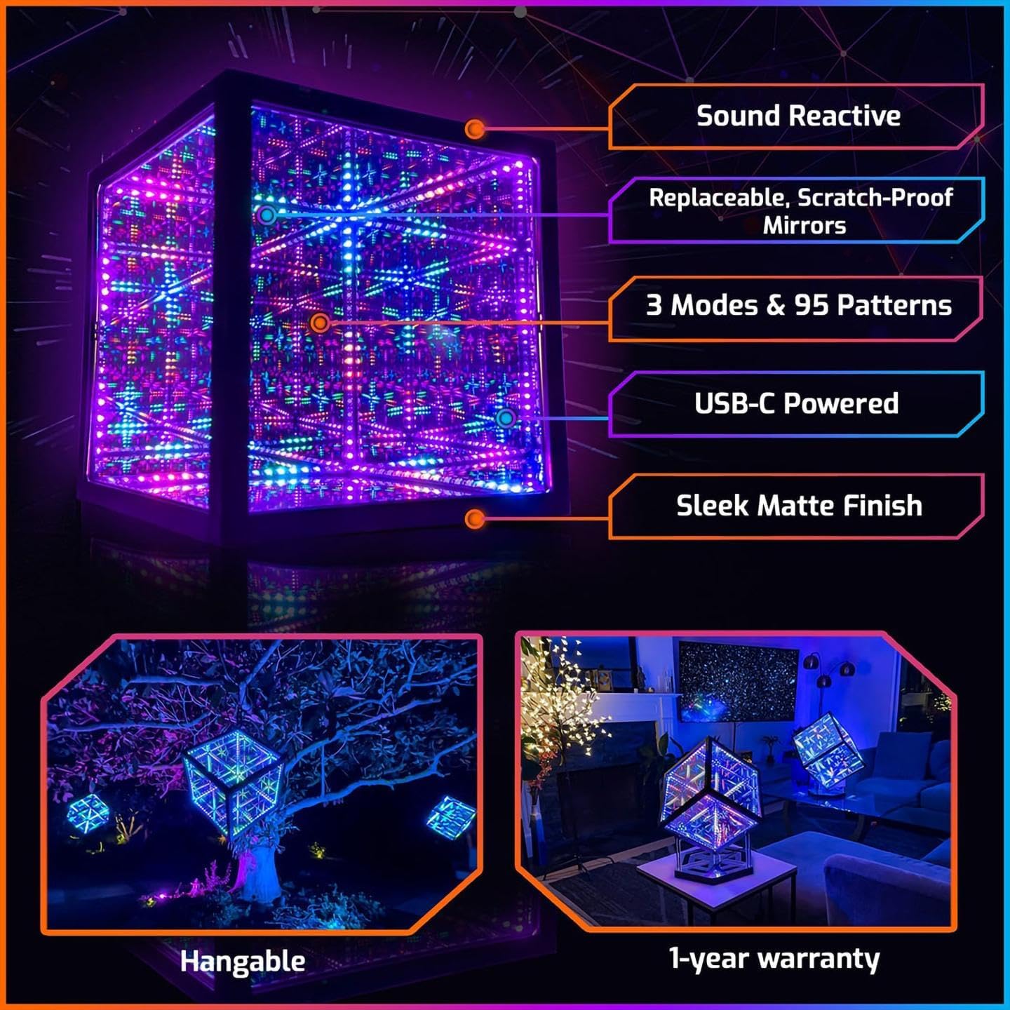 The Hyperspace Lighting Company HyperCube Infinity Cube LED Light - 10-Inch Sound Reactive Table Desktop Lamp - Cool & Creative RGB Multicolor Decorative Mirror Art Desk Night Light