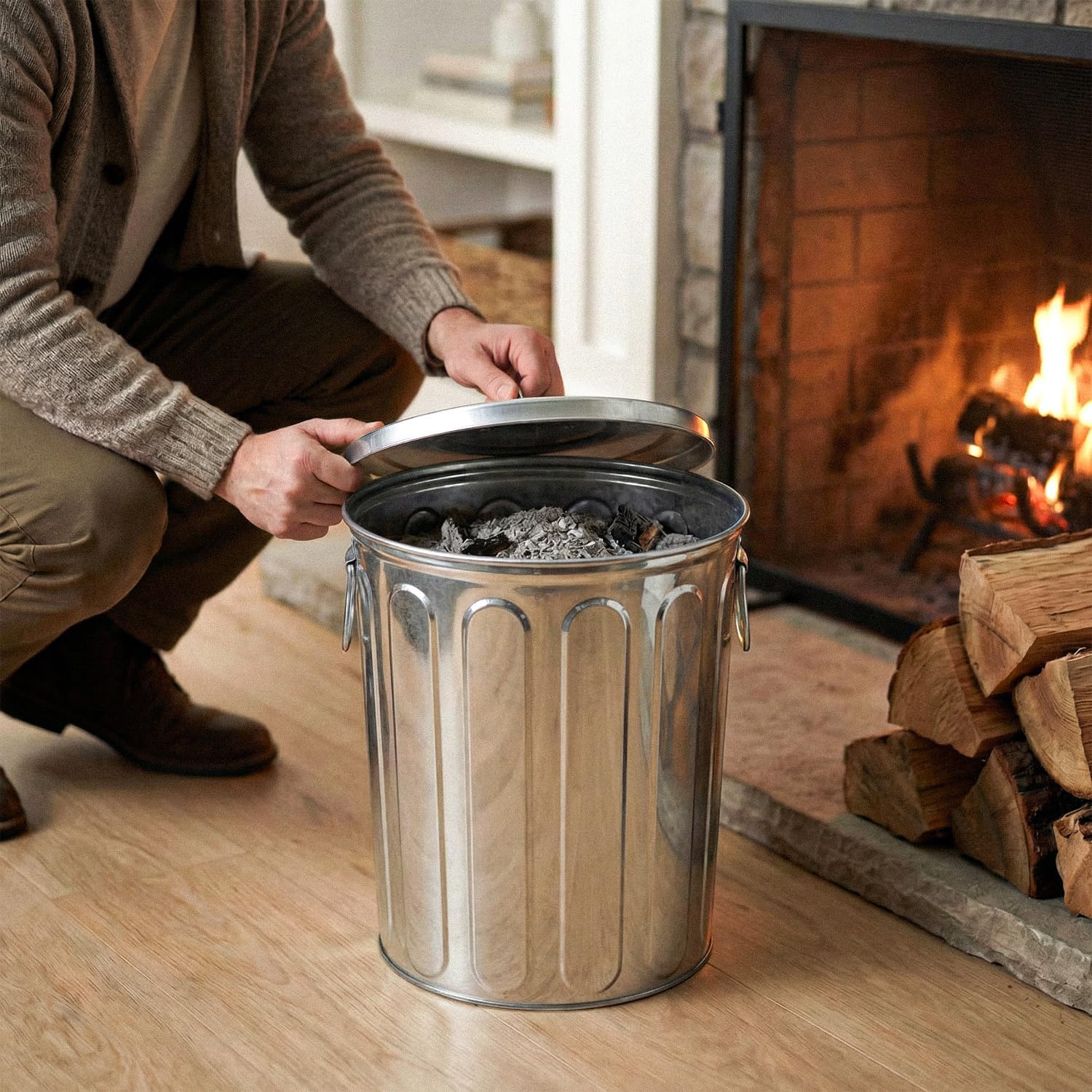 Plexon 5 Gallon Small Metal Trash Can with Lid Outdoor Galvanized Bucket with Lid 5 Gal Fireplace Ash Bucket for Wood Stove Storage Can for Dog Food Bird Seed Storage Container 3 Pack