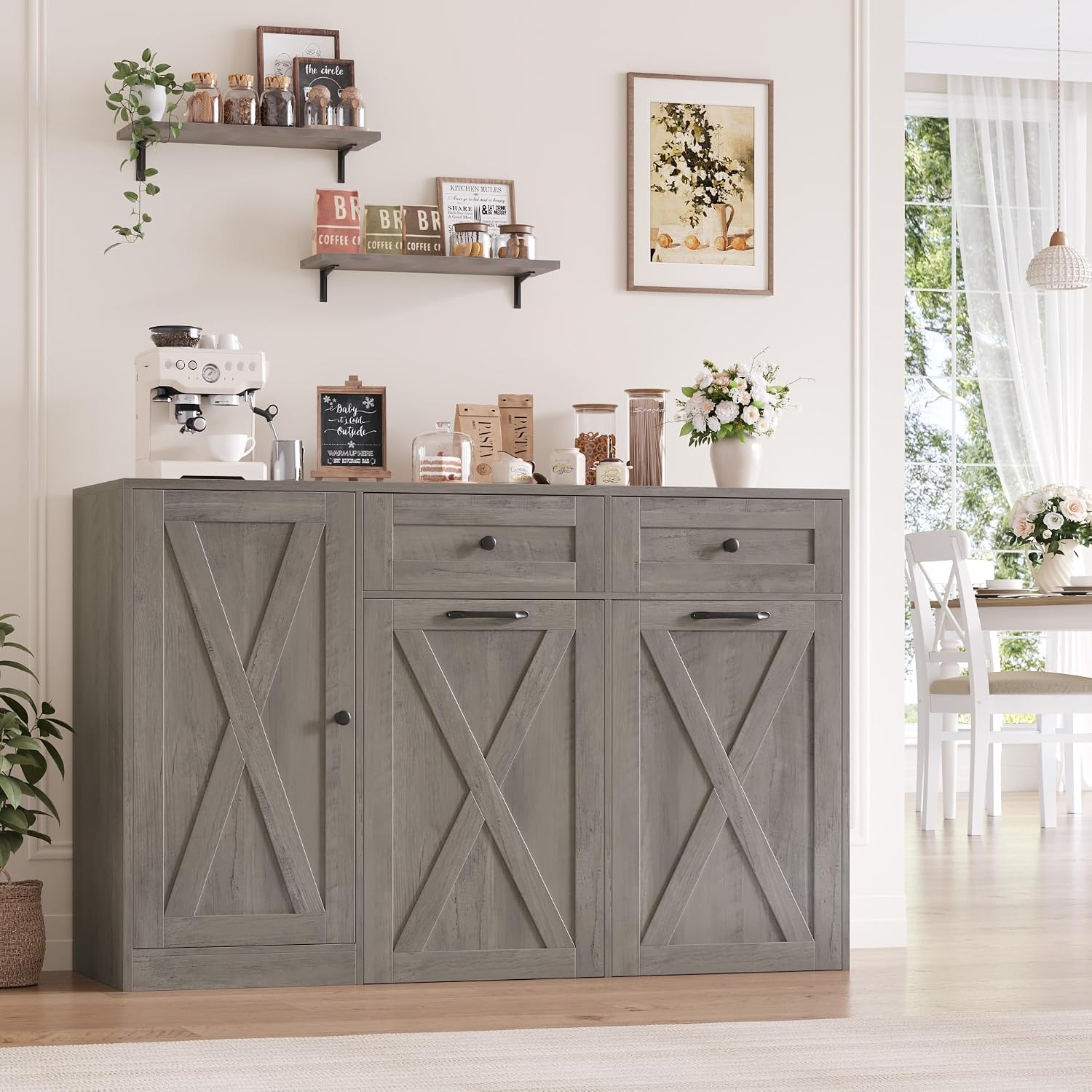 HOSTACK 12.5 Gallon Kitchen Trash Cabinet, 47' Double Trash Can Cabinet, Large Pull Out Can Storage Drawers, Wood Farmhouse Hidden Garbage Storage Buffet for Kitchen, Dining Room, Ash Grey