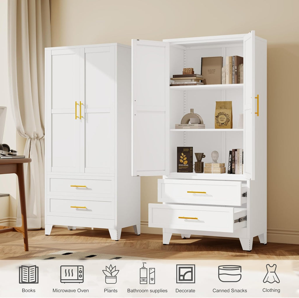 GAIOUS 71' Tall Metal Pantry Cabinet, Steel Storage Cabinets with 2 Drawers | 2 Adjustable Shelf and 2 Doors, Used as Kitchen cabinet, Freestanding Cupboard for Kitchen, Office, Living Room (White)