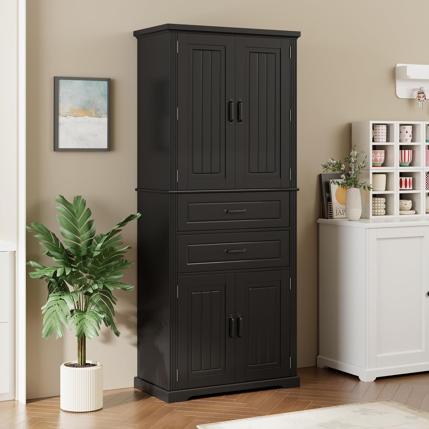 Storage Cabinet with 4 Doors and Drawers, 72.5' H Kitchen Cabinet with 6 Door Shelves, Kitchen Storage Cabinets with Adjustable Shelves for Living Room, Black