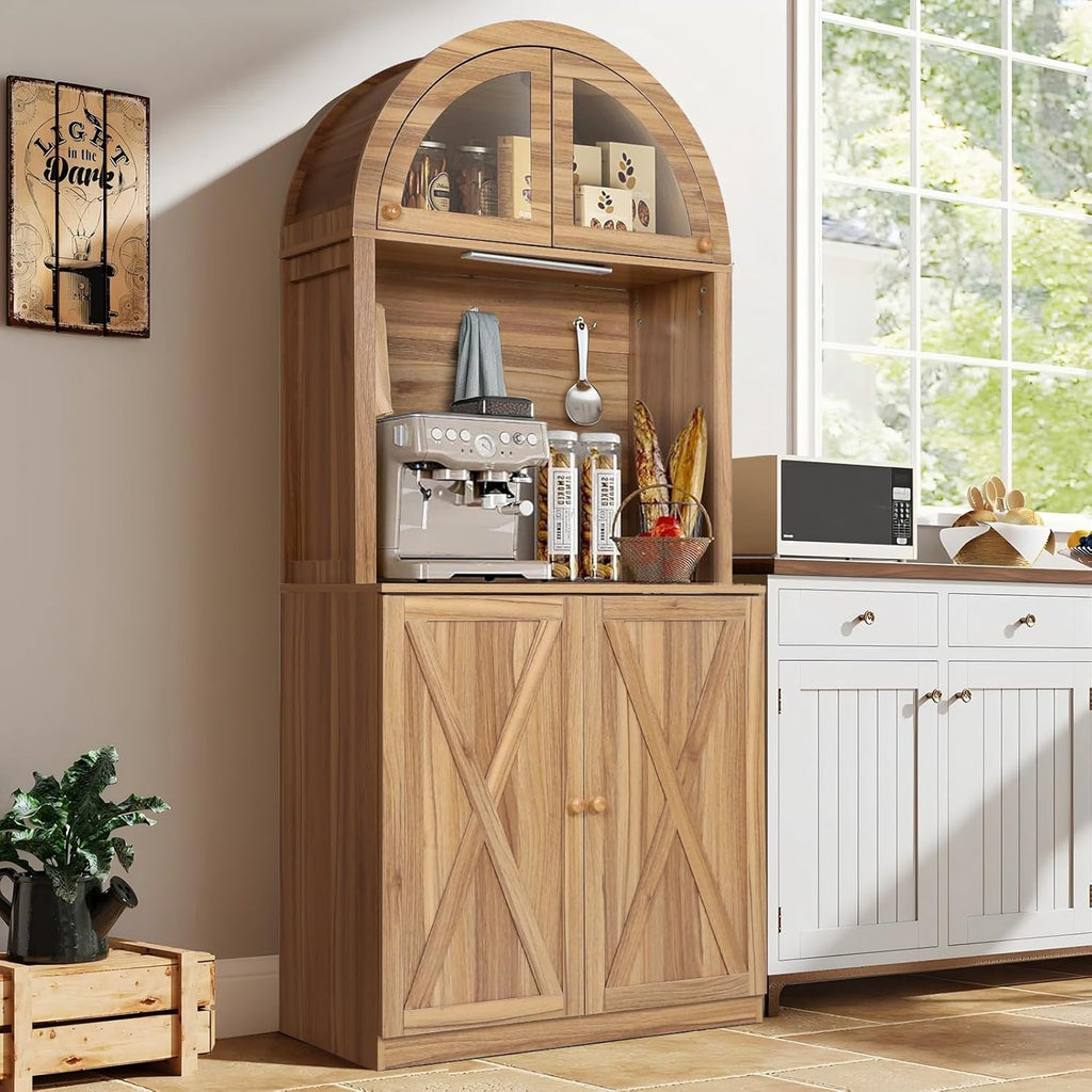 71' Farmhouse Arched Buffet Cupboard with Adjustable Shelves & Glass Door | Sturdy Engineered Wood, Acrylic Glass, Durable, Moisture-Resistant, Easy Assembly, for Dining Room, Bathroom, Living Room