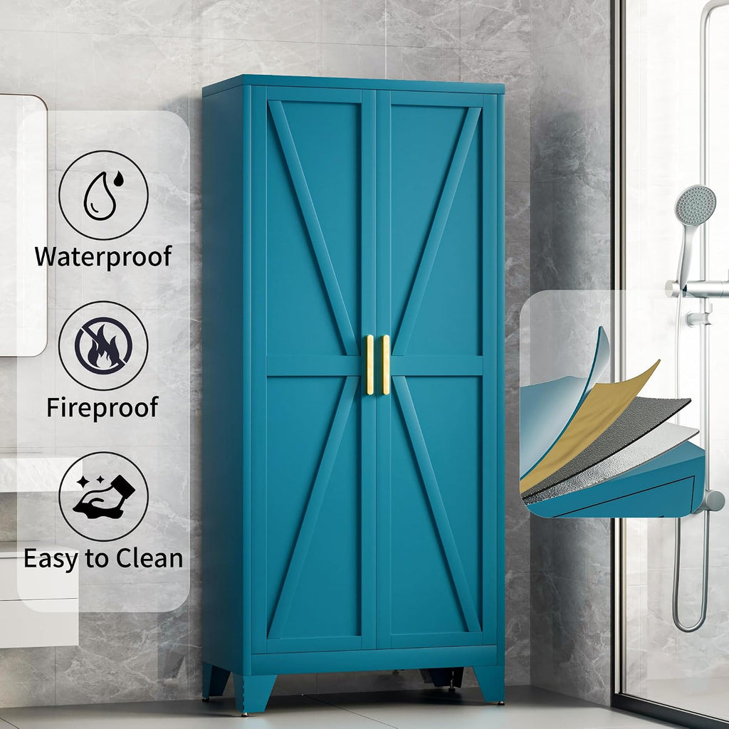 Baborokic 61H Metal Storage Cabinet with 2 Doors and Adjustable Shelves,Farmhouse Storage Cabinet with Barn Doors,Pantry Storage for Home,Office,Dining Room,Kitchen(Blue)