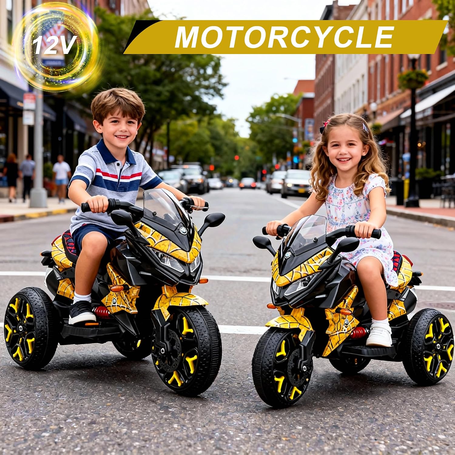 12V Kids Electric Motorcycle with Training Wheels | Plastic, PU seat, manual throttle, foot brake, USB, MP3, phone link, light-up wheels, ages 3-6, 45.3 W x 23.2 D x 28.7 H in