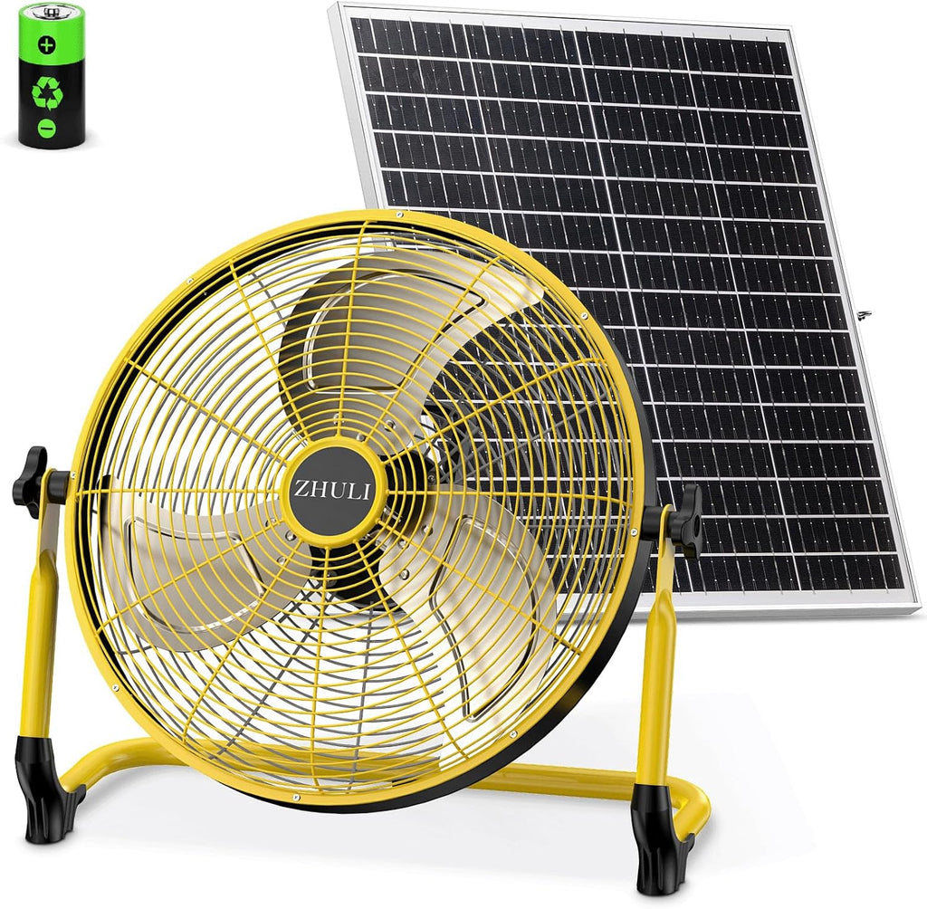 ZHULI 18' Solar Fan, Portable Battery Operated Floor Fan, Rechargeable Cordless Camping Fan, 40W Solar Panel, Hi-Velocity Brushless Motor, Metal blade, USB Phone Charge, 8~60H Runtime, Quiet, Wireless