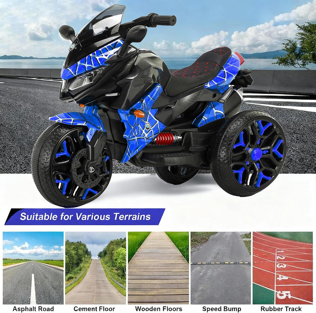 12V Kids Electric Motorcycle with Training Wheels | Plastic, PU seat, manual throttle, foot brake, USB, MP3, phone link, light-up wheels, ages 3-6, 45.3 W x 23.2 D x 28.7 H in