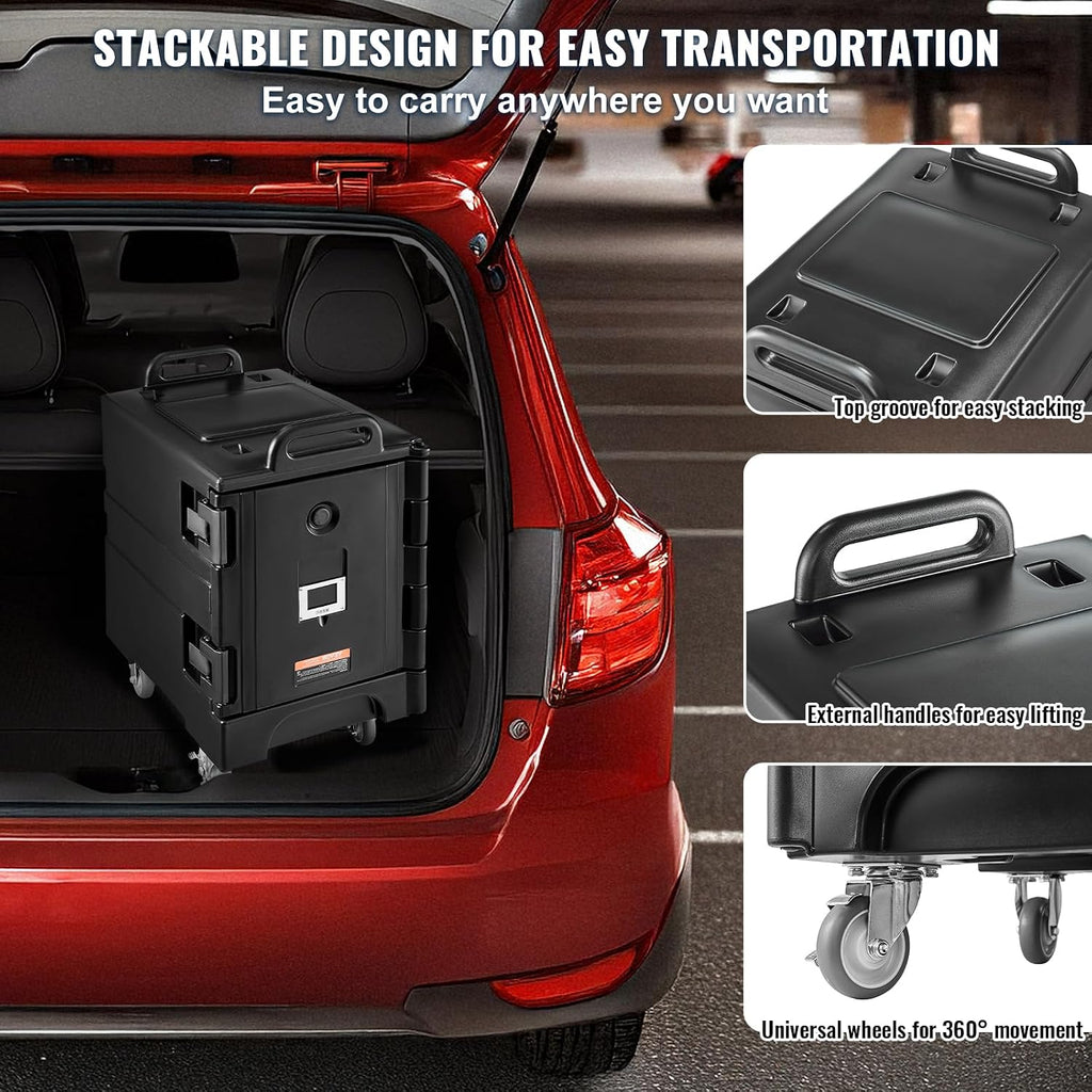 VEVOR Insulated Food Pan Carrier, 81 Qt Hot Box for Catering, Food Box Carrier with Double Buckles, Front Loading Food Warmer with Handles, Stackable End Loader with Wheels for Restaurant, Canteen
