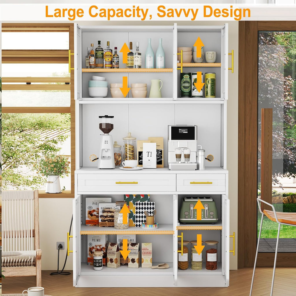 GAIOUS 71' Metal Kitchen Pantry Cabinet, Buffet Sideboard with Drawers | 6 Doors 4 Adjustable Shelves Open Countertop Charging Cable Hole Coffee Bar Cabinet Cupboard for Dining Living White