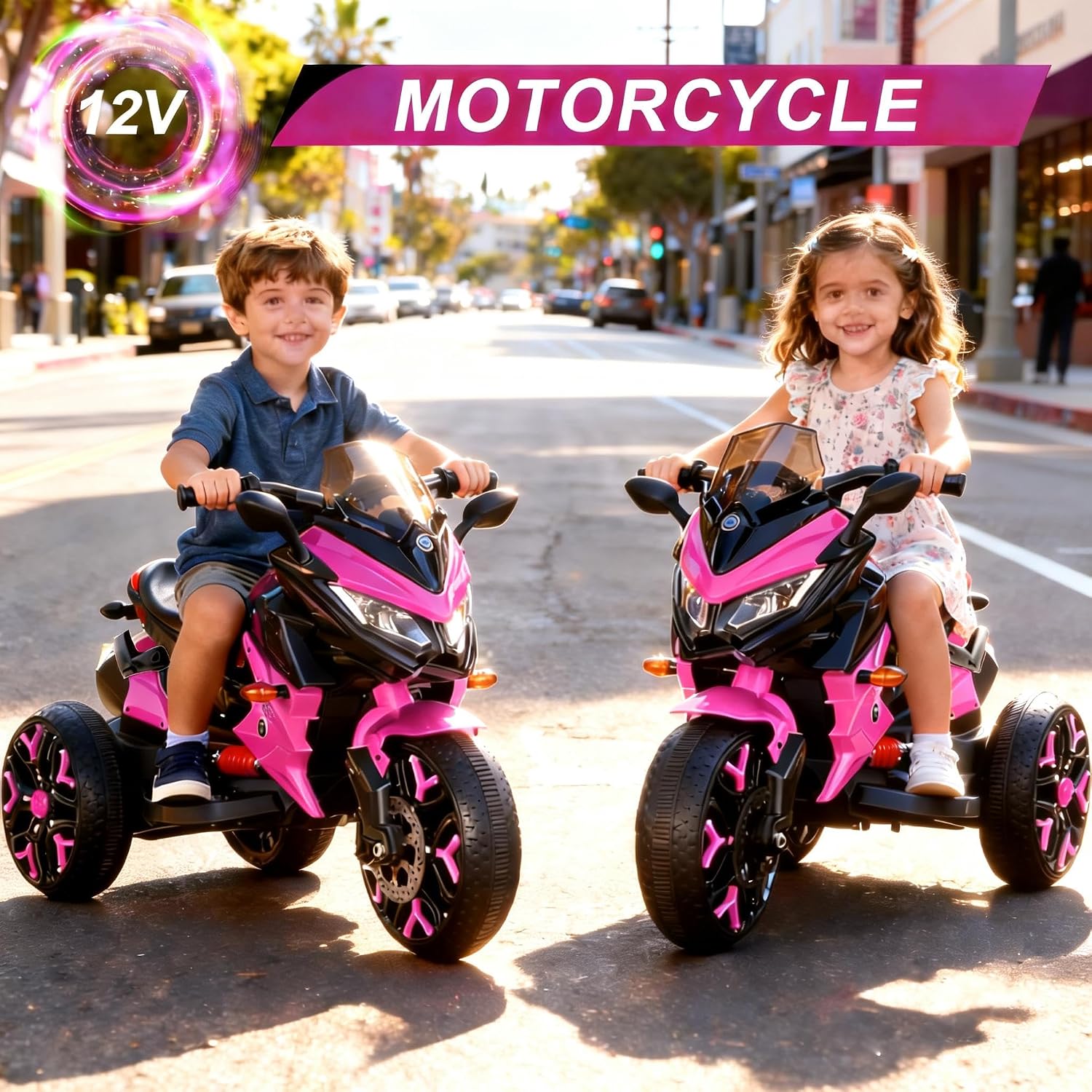 12V Kids Electric Motorcycle with Training Wheels | Plastic, PU seat, manual throttle, foot brake, USB, MP3, phone link, light-up wheels, ages 3-6, 45.3 W x 23.2 D x 28.7 H in