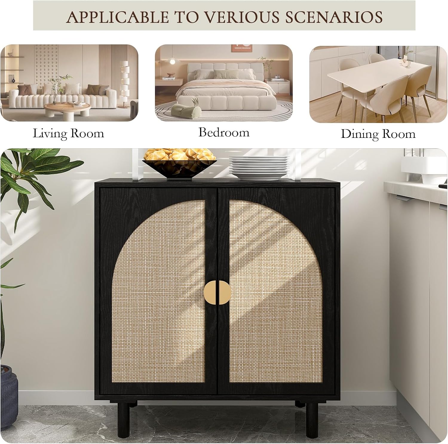 vistavie Black Rattan Storage Buffet Cabinet with 2 Door,Sideboard Storage with Solid Pine Legs,Accent Cabinet,Boho Wood Credenza Suitable for Kitchens,Bathrooms,Reception Rooms,Study Rooms
