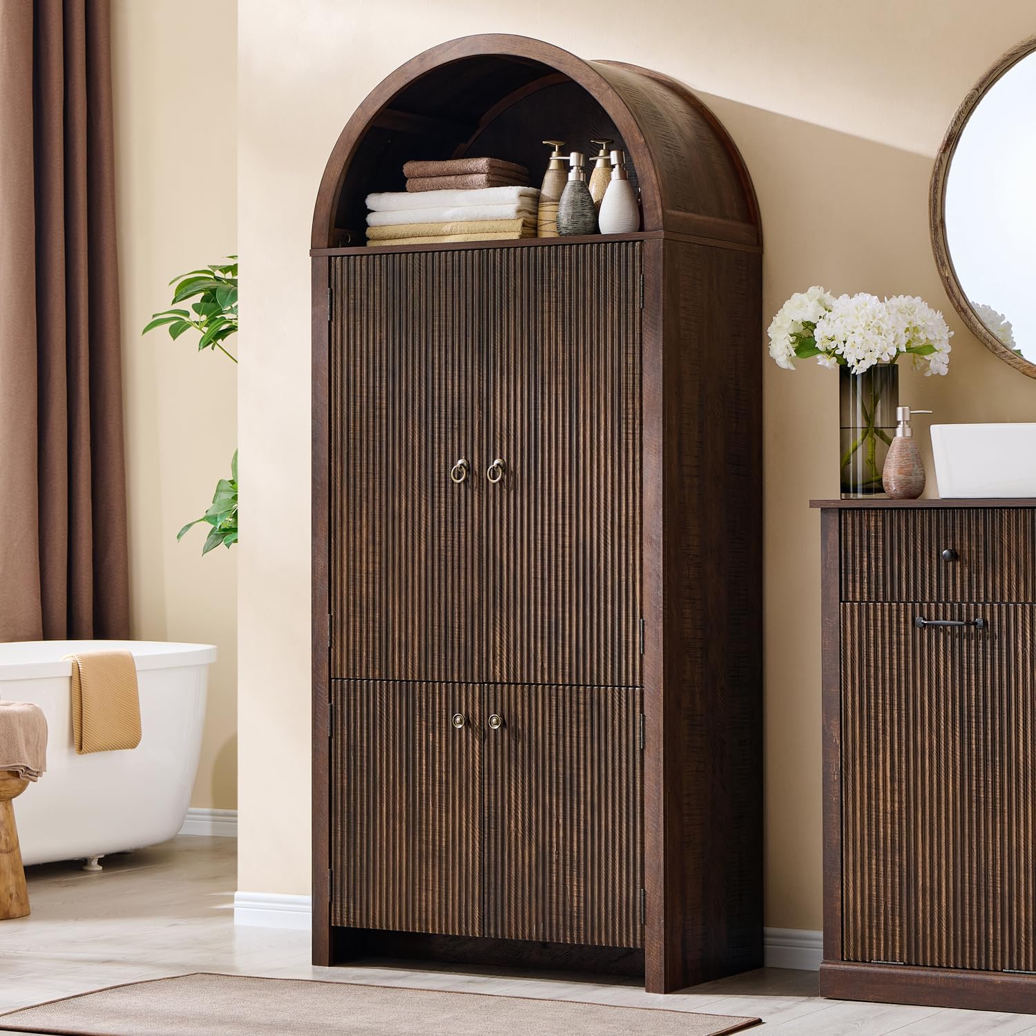 IFBUY 71' Tall Arched Bathroom Storage Cabinet, Modern Fluted Storage Cabinet w/Doors, 3 Adjustable Shelves, 6 Door Shelves, Wood Freestanding Cabinet for Bathroom, Entryway, Hallway, Brown