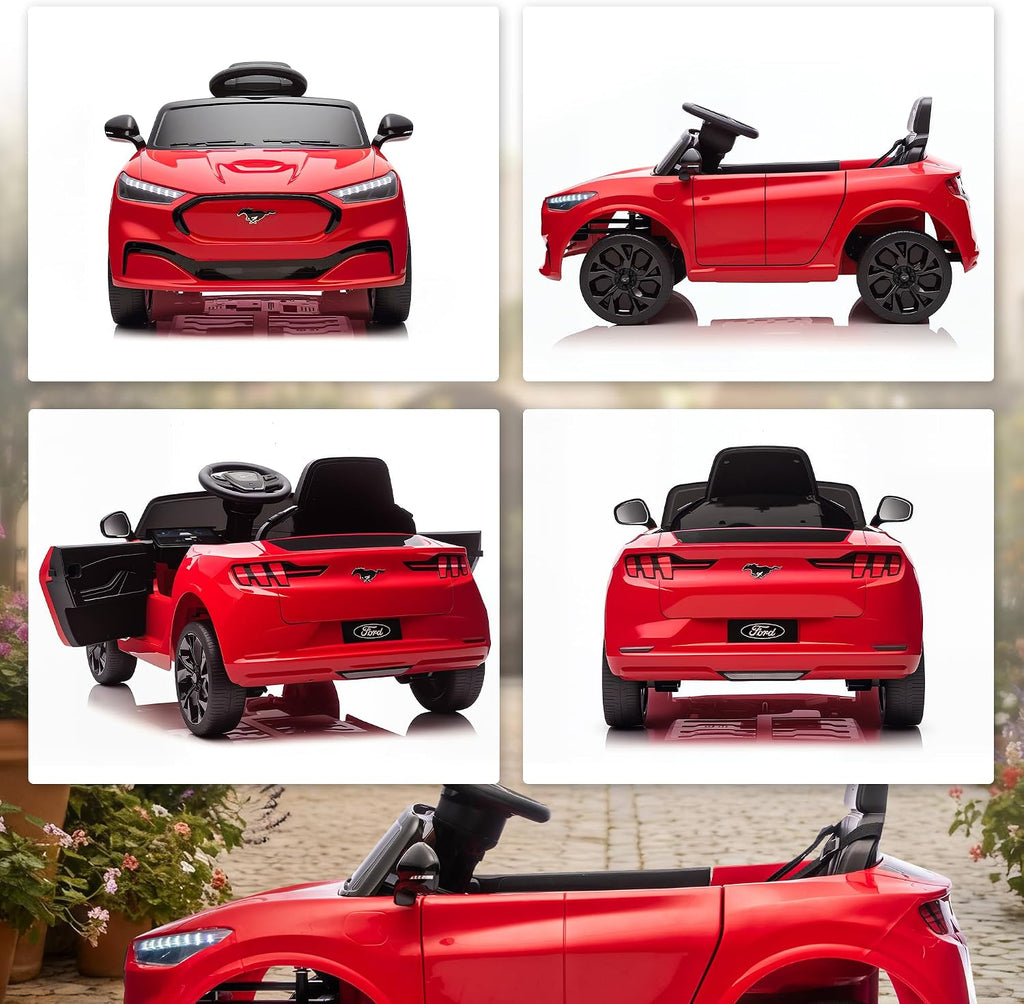 Qaba 12V Kids Ride On Car, Licensed Ford Mustang Mach-E Electric Car with Remote Control, 3 Speeds, LED Light, Music, Bluetooth, Suspension Wheels, Battery Powered Toy for Ages 3–5 Years, Red
