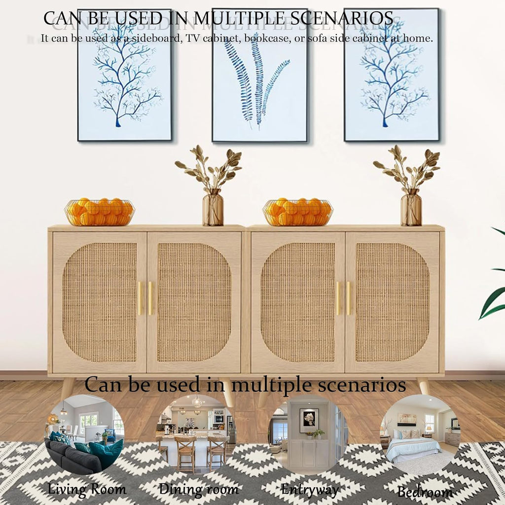 vistavie Buffet Cabinet with 2 Doors, 4 Compartments - Rattan Accent Bathroom Sideboard for Hallway, Entry or Living Room