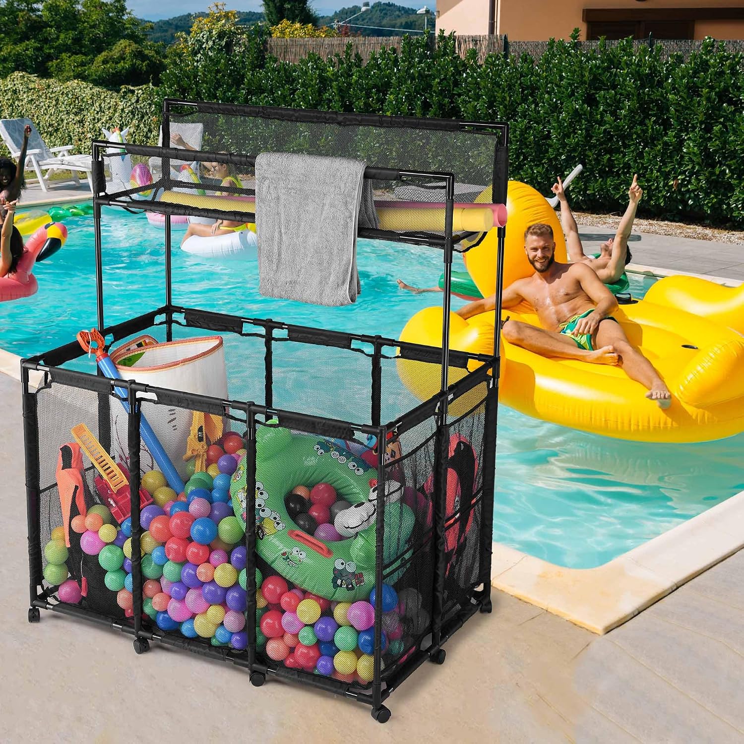 Yescom225 Gallon Pool Float Storage Bin Basket with Blue Cover Replacement Toy Raft Noodles Outdoor Double Tiers 49' x 30' x 61' Metal Frame 6 Wheels Mesh Rolling Organizer Cart