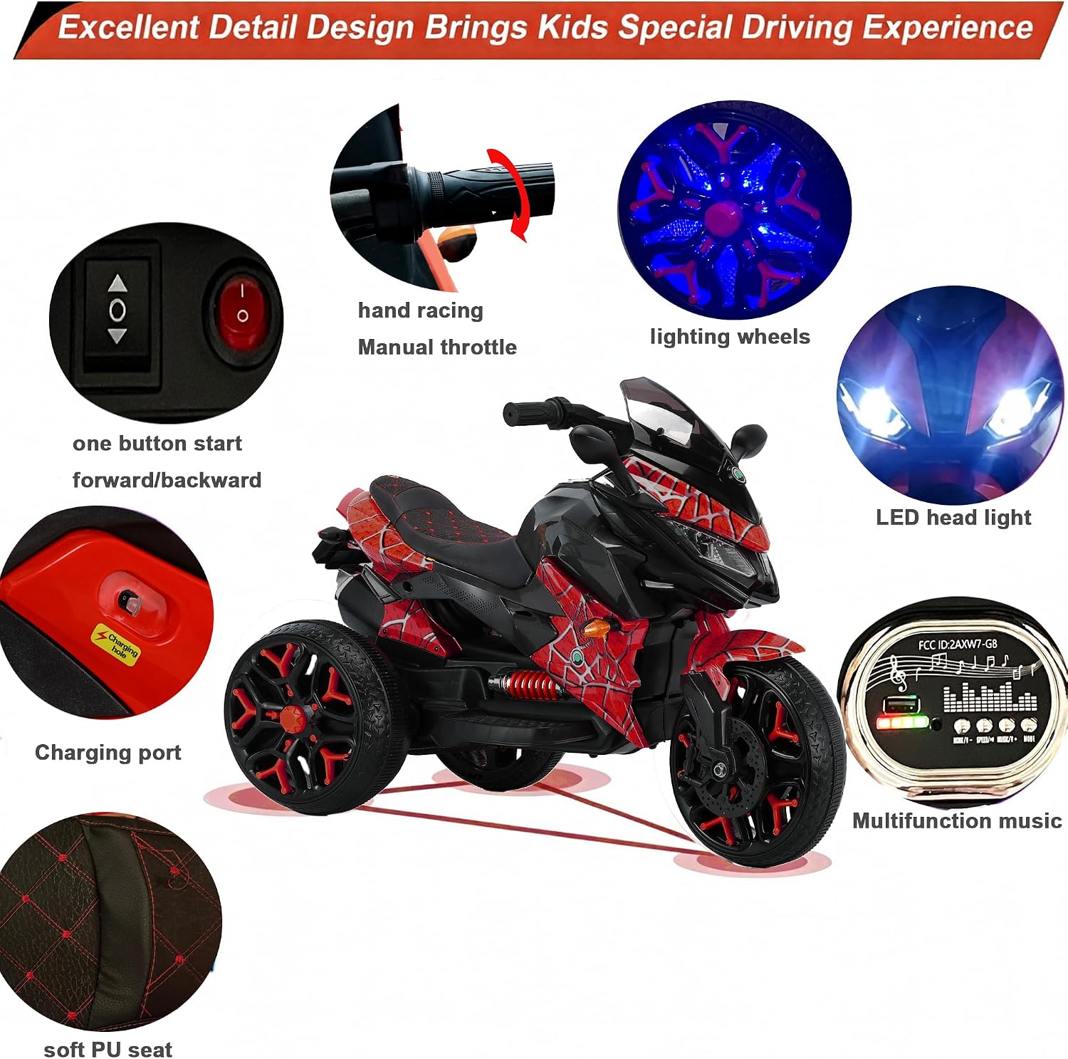 12V Kids Electric Motorcycle with Training Wheels | Plastic, PU seat, manual throttle, foot brake, USB, MP3, phone link, light-up wheels, ages 3-6, 45.3 W x 23.2 D x 28.7 H in