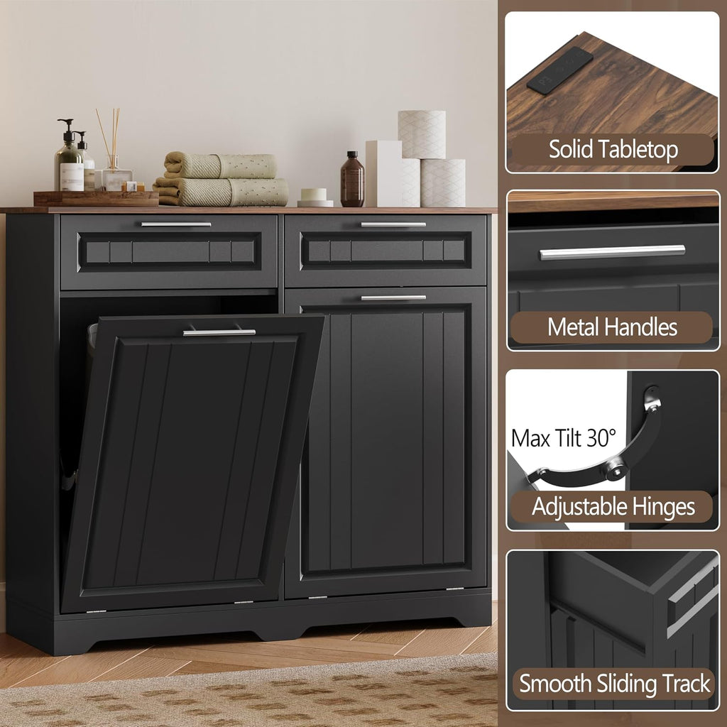 2 x 10 Gallon Double Tilt Out Trash Can Cabinet with Deodorizing Function & Charging Station, Hidden Laundry Hamper Cabinet with Storage Drawers, Garbage Can Holder for Kitchen, Bathroom, Black