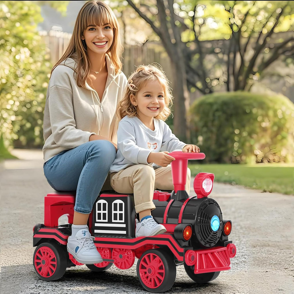 JOYLDIAS 2 Seater Ride On Train, 12V Kids Ride On Toy with Music, Train Honk, Lights, High/Low Speed and Storage, Electric Car for Kids Aged 3+, Red