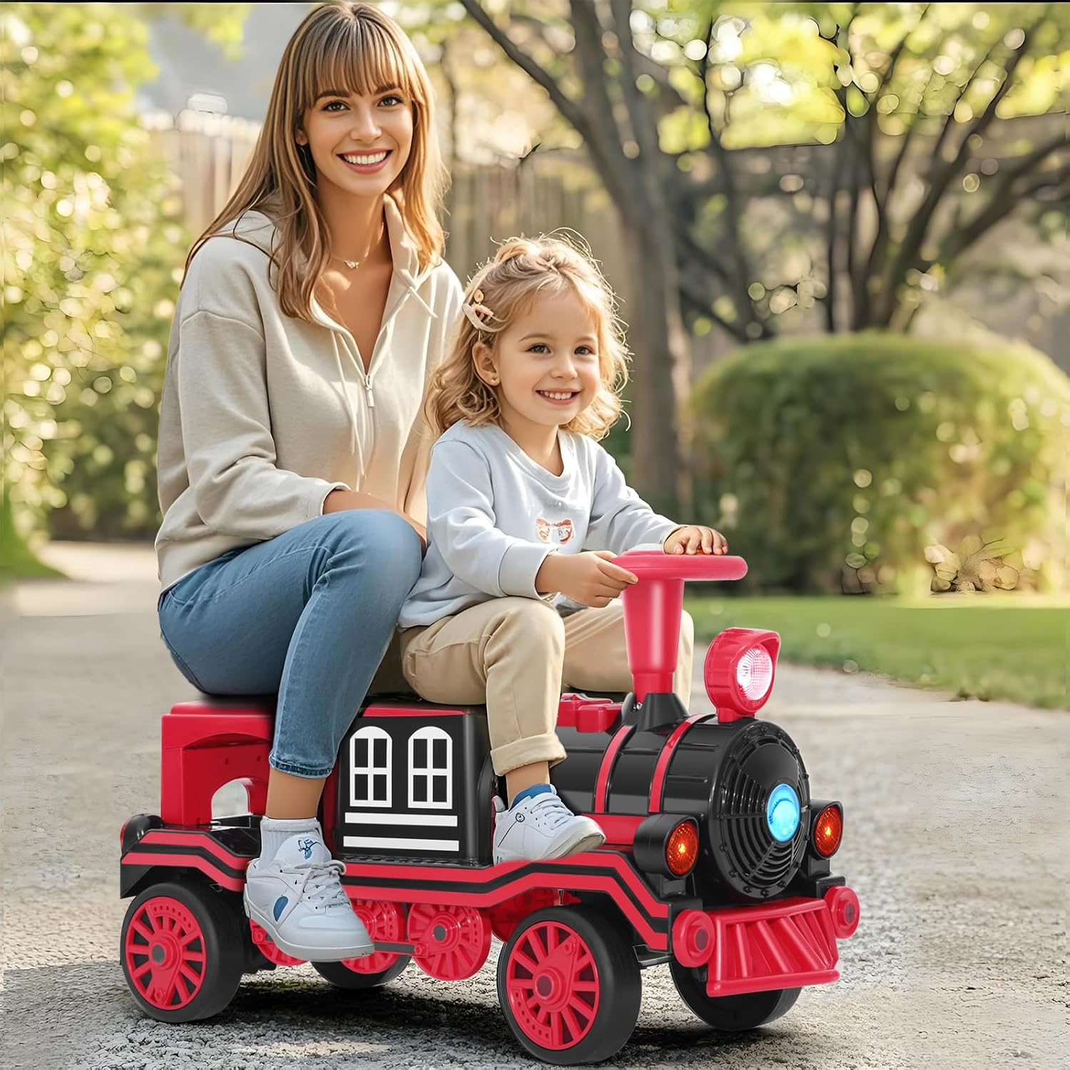 JOYLDIAS 2 Seater Ride On Train, 12V Kids Ride On Toy with Music, Train Honk, Lights, High/Low Speed and Storage, Electric Car for Kids Aged 3+, Red