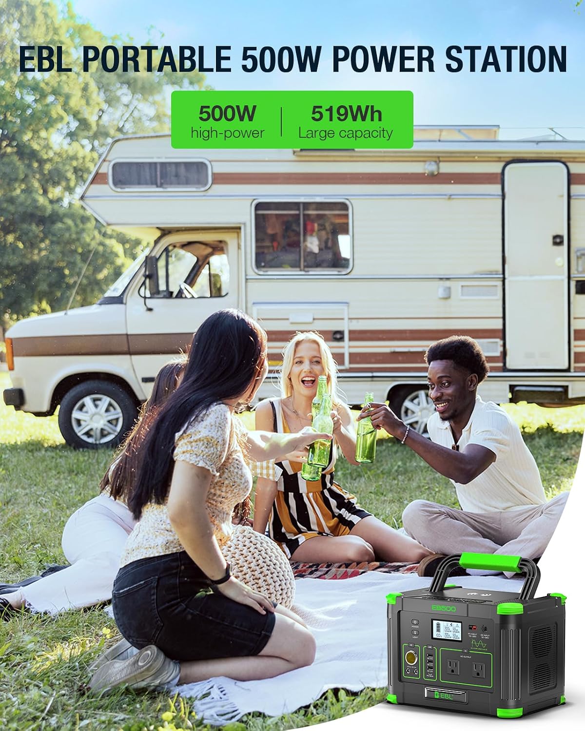 EBL 500W Portable Power Station with 100W Portable Solar Panel 20V, Outdoor Solar Generator 500W(Peak 1000W) Backup Battery Pack Solar Kit for RV/Van Camping Fishing Climbing Road Trip Home Emergency