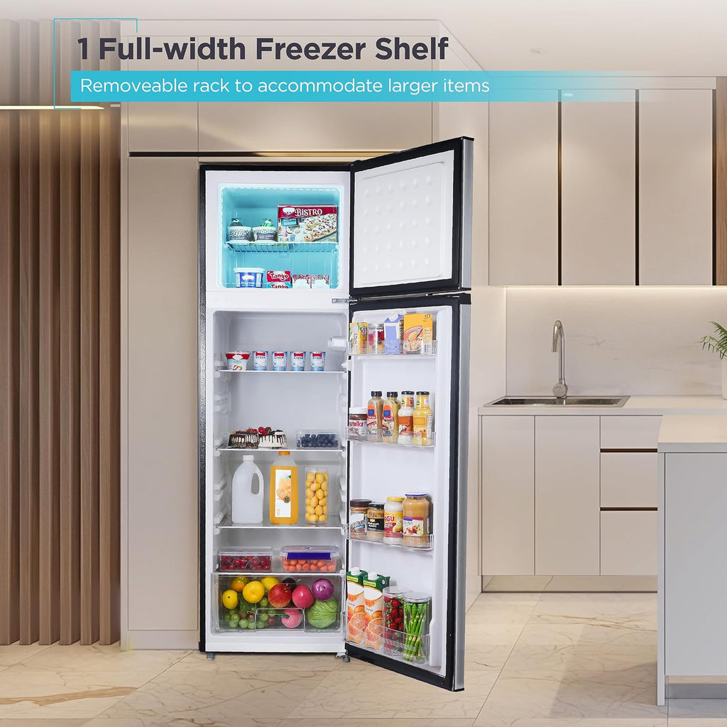 BLACK+DECKER 10 Cu. Ft. Top Mount Refrigerator with Freezer, 2 Door Fridge with Top Freezer and Mechanical Temperature Control, For Homes and Apartments, BDA10LAS, Stainless Steel Look