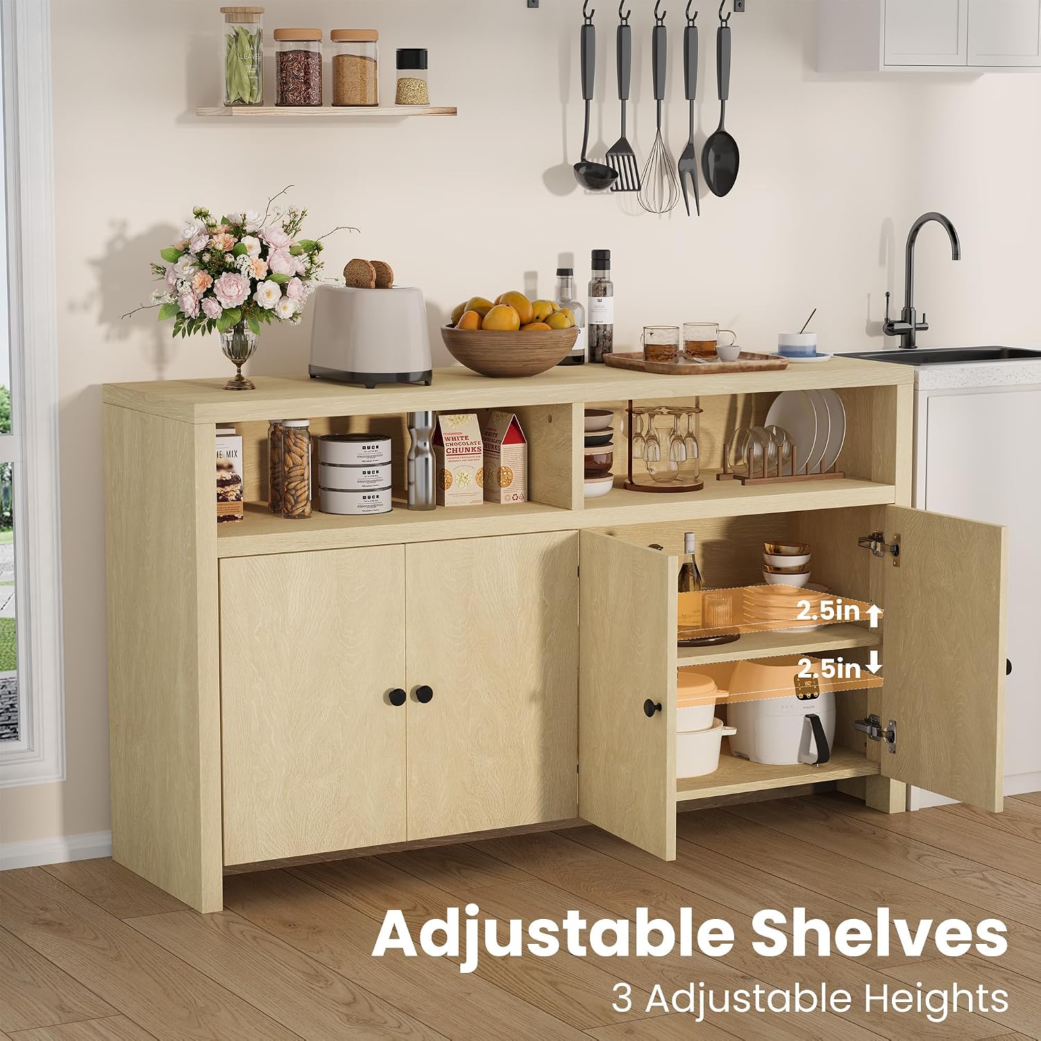 Garvee Sideboard Buffet Cabinet with Storage, 55'' Large Farmhouse Kitchen Storage Cabinet with 4 Doors & Adjustable Shelves, Wood Coffee Bar Cabinet for Kitchen Dining Room Entryway Living Room, Oak