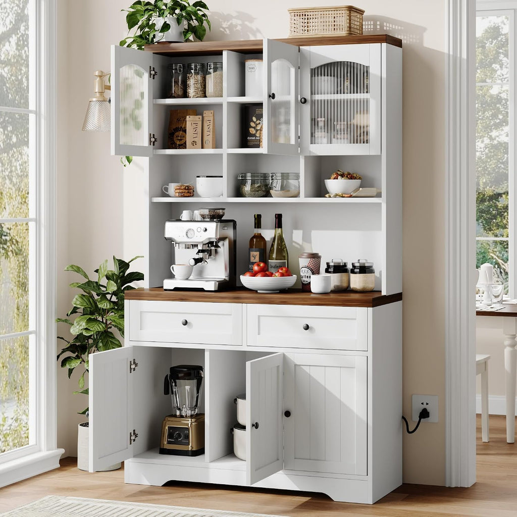 GarveeHome Pantry Cabinet with Charging Station, Tall Kitchen Pantry Storage Cabinet with Hutch,70.8 Inch Kitchen Cabinet with 30mm Thickened Countertop, Fluted Glass Doors, for Dining Room, White
