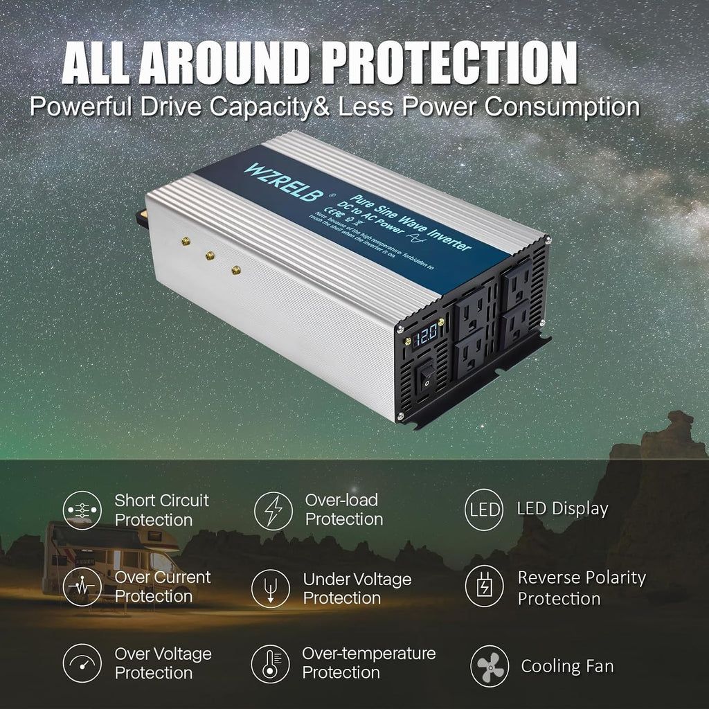 WZRELB 2000W Pure Sine Wave Inverter 36V DC to 110V 120V AC Power Converter with LED Display, Off-Grid Portable Power Inverter with 4 AC Outlets for Home, RV, Truck, Camping