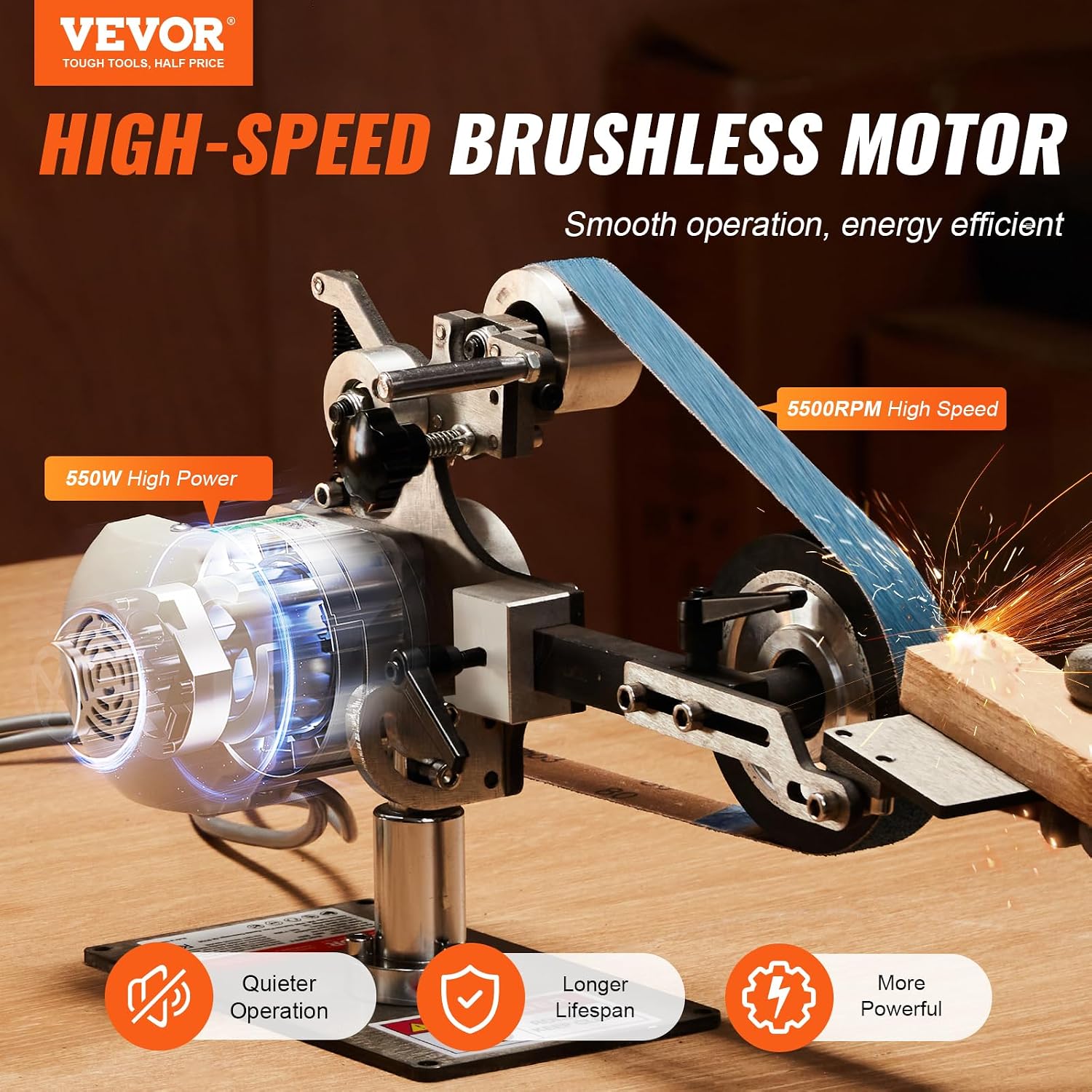 VEVOR Belt Grinder Sander, 30 x 1-Inch Variable Speed Belt Polisher with VFD, 550W Polishing Grinding Machine with 2 Grinding Moulds & 3PCS Sanding Belts for Metalworking, Knife Making