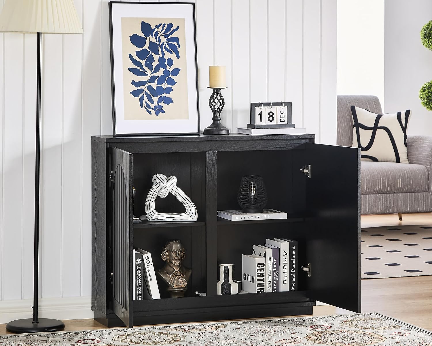LKTART 39' Black Narrow Sideboard Buffet,Small Credenza Storage Cabinet | Black Sideboard Buffet Cabinet with Arched Solid Wood Doors;Slim Entryway Cabinet for Hallway;Mid Century Modern Thin Cabinet