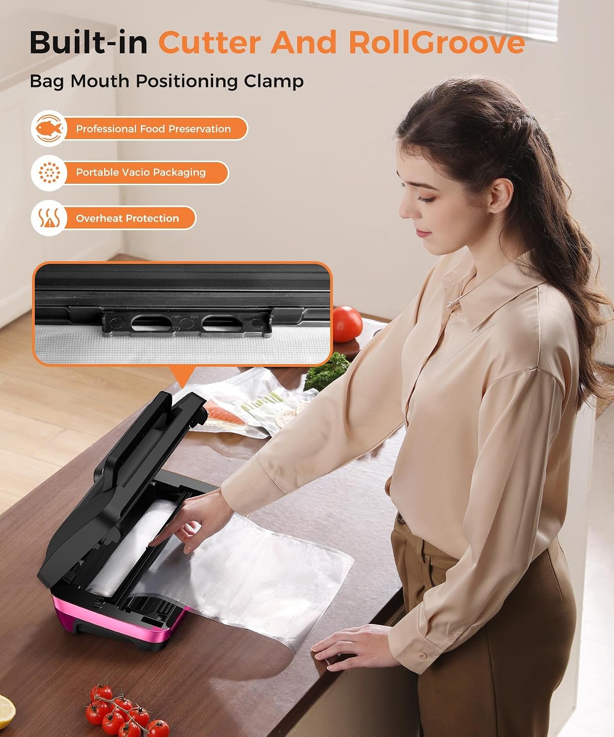 95kpa Vacuum Sealer Machine,Commercial Full Automatic Food Sealer,Powerful Sealing System with Double Heat Seal,Bags Storage, Easy-Lock Handle,Build-in Cutter,1 Bag Rolls and 10 pcs Pre-cut Bags(Pink)