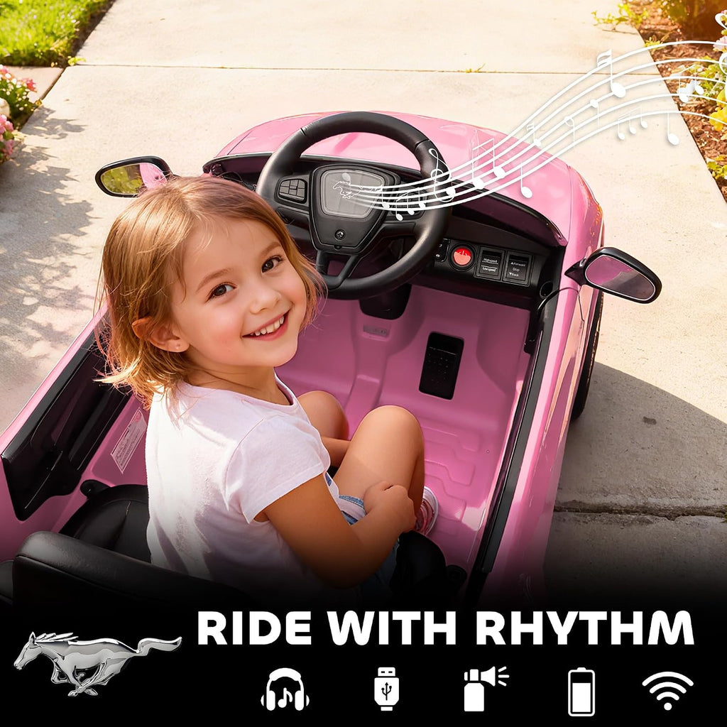 Qaba 12V Kids Ride On Car, Licensed Ford Mustang Mach-E Electric Car with Remote Control, 3 Speeds, LED Light, Music, Bluetooth, Suspension Wheels, Battery Powered Toy for Ages 3–5 Years, Pink