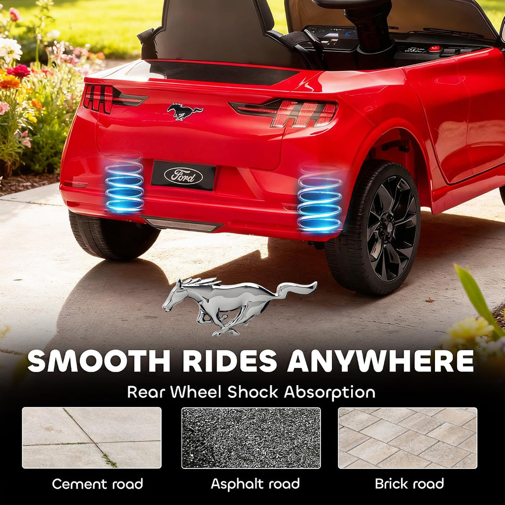 Qaba 12V Kids Ride On Car, Licensed Ford Mustang Mach-E Electric Car with Remote Control, 3 Speeds, LED Light, Music, Bluetooth, Suspension Wheels, Battery Powered Toy for Ages 3–5 Years, Red