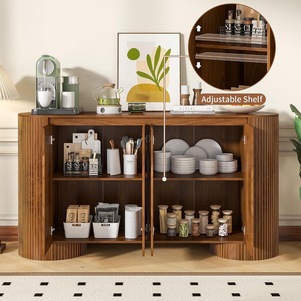 Sideboard Buffet Cabinet with Storage, 60' Modern Credenza Storage Cabinet with 4 Doors and Adjustable Shelves, Large Oval Buffet Table for Kitchen, Living Room (Walnut)