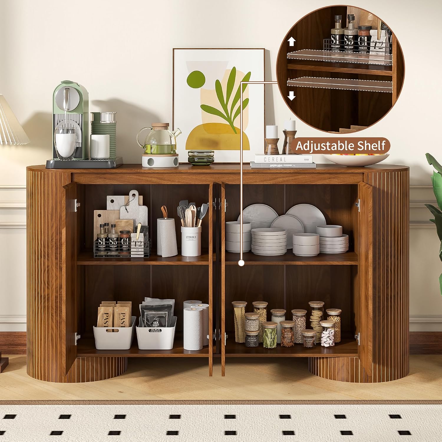 Sideboard Buffet Cabinet with Storage, 60' Modern Credenza Storage Cabinet with 4 Doors and Adjustable Shelves, Large Oval Buffet Table for Kitchen, Living Room (Walnut)