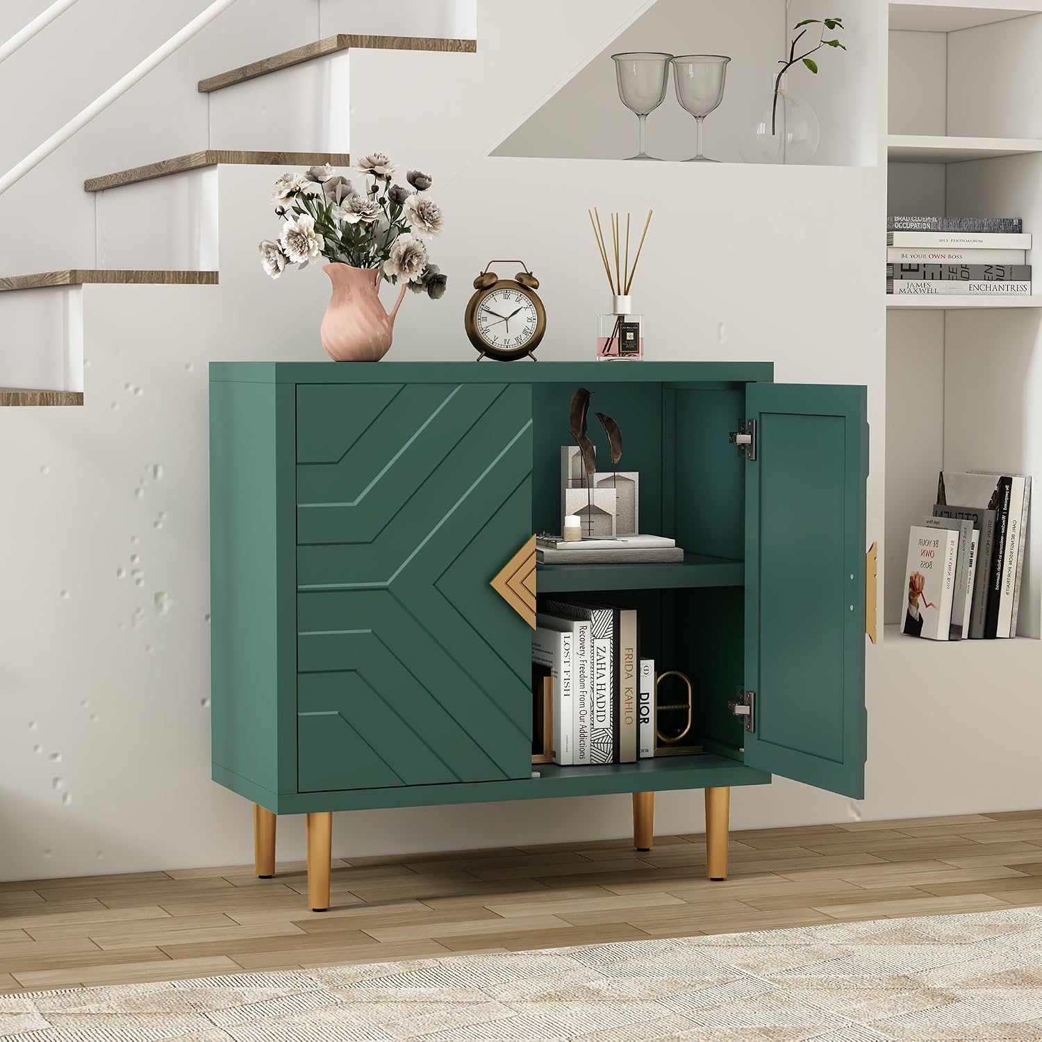 HLR Sideboard Storage Cabinet with 2 Doors, Accent Cabinet with Decorative Embossed Pattern Doors, Sideboard Buffet for Living Room, Kitchen, Dining Room, Hallway
