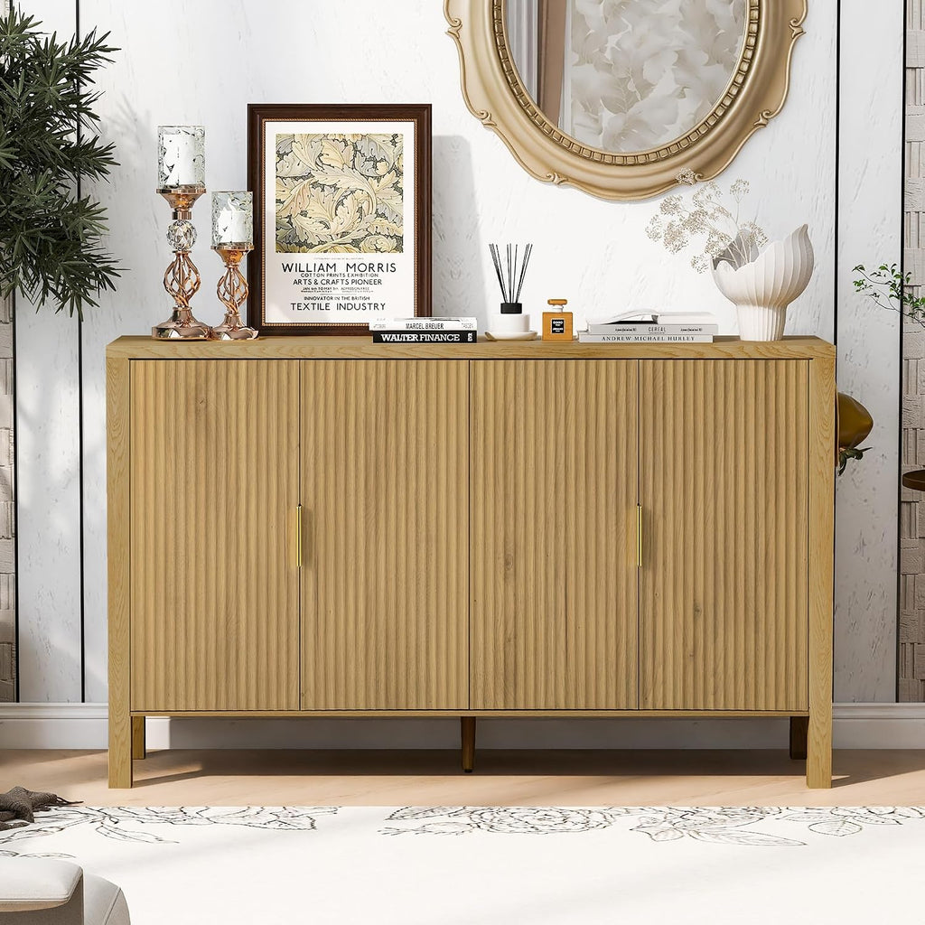 Virubi 57.5' Sideboard Buffet Cabinet with Storage,Wooden Sideboard Cabinet with Back-of-Door Storage Racks & Side Hooks,Adjustable Shelves for Living Room,Dining Room,Natural
