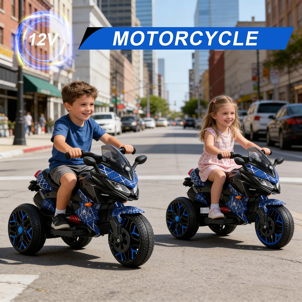 12V Kids Electric Motorcycle with Training Wheels | Plastic, PU seat, manual throttle, foot brake, USB, MP3, phone link, light-up wheels, ages 3-6, 45.3 W x 23.2 D x 28.7 H in