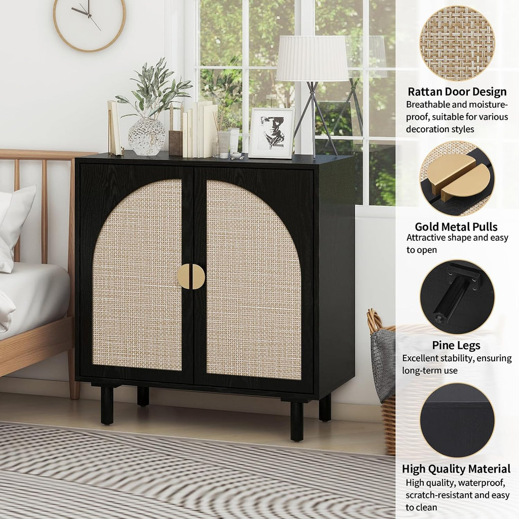 vistavie Rattan Buffet 2 Door Cabinet with Storage, Sideboard Storage Cabinet with Solid Pine Legs, Accent Wood Cabinet for Bathroom, Dining Room, Kitchen (Black)