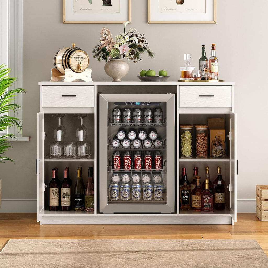 Herture Mini Fridge Cabinet,Coffee Bar Cabinet with Fridge Space & Wine Storage with Outlets,Fits 24' Fridge,Mini Fridge Stand,Buffet Sideboard Table Wine Cabinet for Kitchen Dining Room White KH04MRN