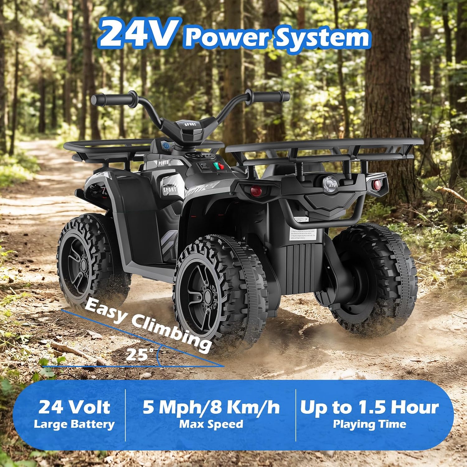 OLAKIDS 24V Kids ATV Quad with 2 Speeds, Spring Suspension, LED Lights, Music & Story Player, Big Tires, 2 Storage Spaces, Ride On Car for Boys Girls Ages 3+ (24V, Dark)