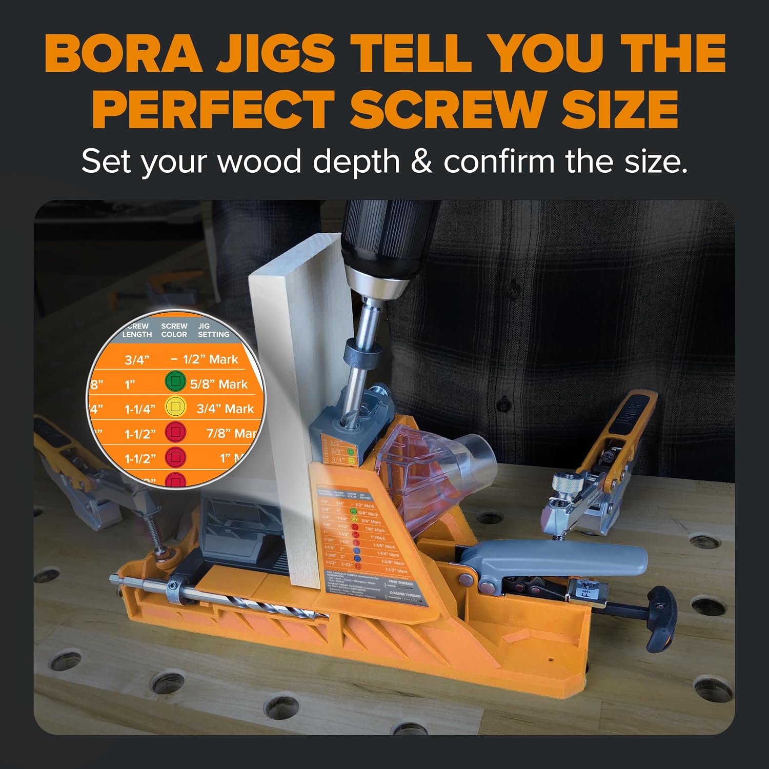 BORA Automatic Pocket Hole Jig with 50 Color-Coated Screws, Auto Adjusting Drill Guide, Pocket Hole Jig Kit for Woodworking - For Materials 1/2 inch to 1 1/2 inch Thick, Power Tool Accessory Jigs