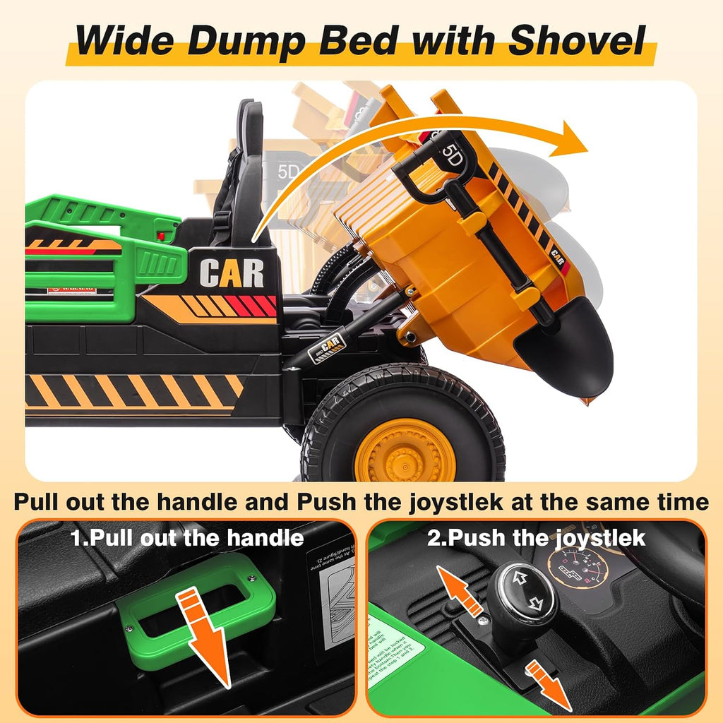 RunFast 12V 2 Seater Ride on Dump Truck for Kids,Electric Ride on Cars with Remote Control,2X35W Powerful Motors Up to 4Mph,Electric Dump Bed,Extra Shovel,Music Player(Green+Yellow,12V)