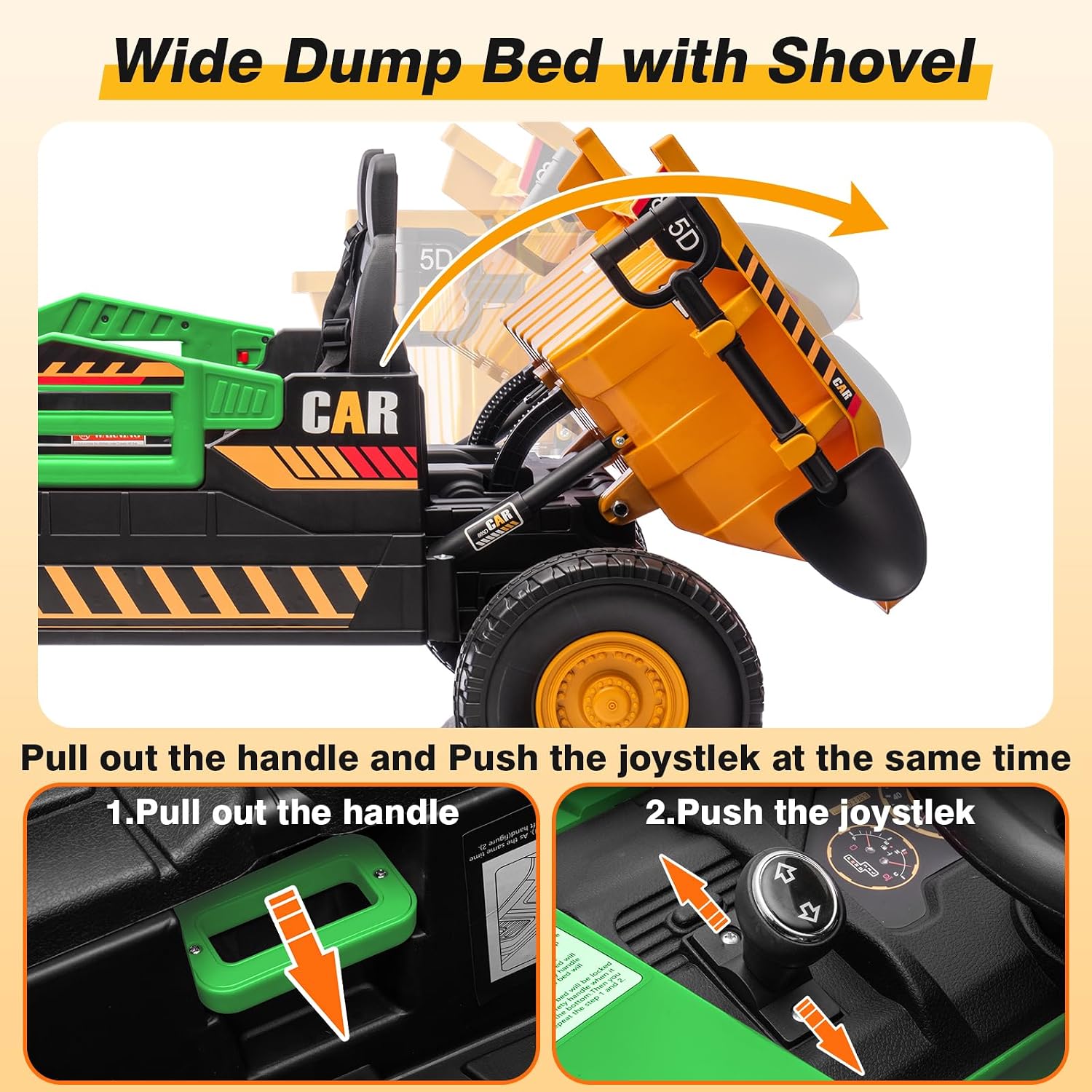 RunFast 12V 2 Seater Ride on Dump Truck for Kids,Electric Ride on Cars with Remote Control,2X35W Powerful Motors Up to 4Mph,Electric Dump Bed,Extra Shovel,Music Player(Green+Yellow,12V)