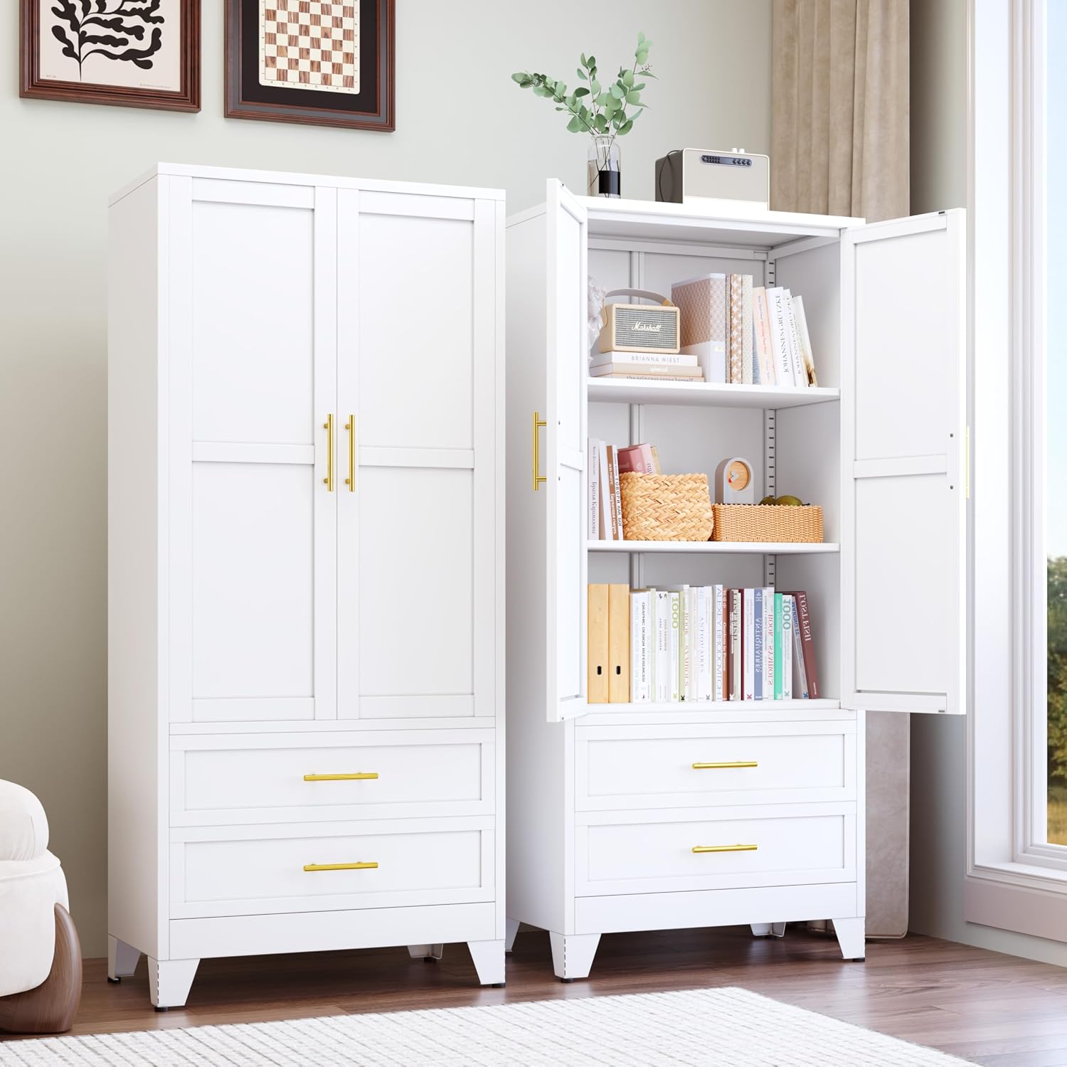 GAIOUS 71' Tall Metal Pantry Cabinet, Steel Storage Cabinets with 2 Drawers | 2 Adjustable Shelf and 2 Doors, Used as Kitchen cabinet, Freestanding Cupboard for Kitchen, Office, Living Room (White)