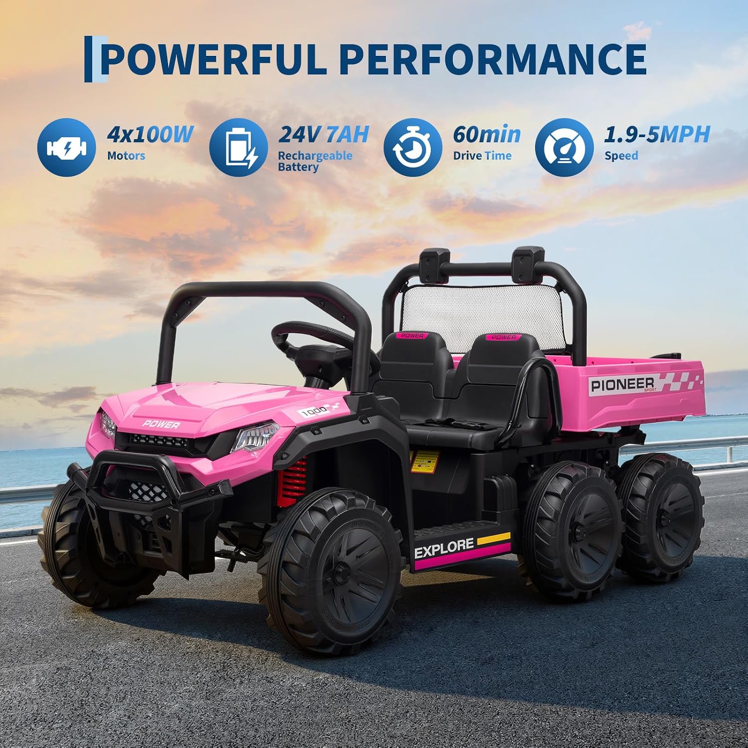 24V 2 Seater Ride on Dump Truck, 4WD Electric Car with Remote Control, Dump Bed, 3 Speed Modes, Music Player, RideToy for Boys & Girls Gift
