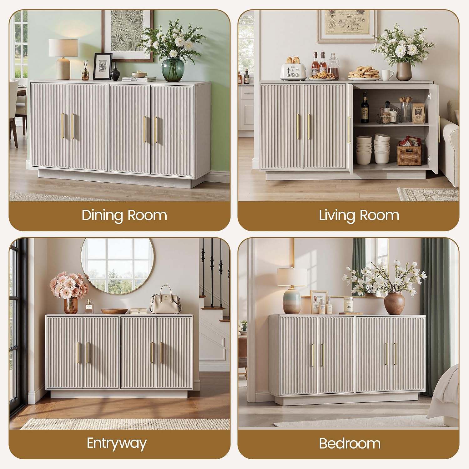 PAPROOS 55' Modern Fluted Sideboard Buffet Cabinet, Space-Saving Storage Credenza for Home Coffee Bar, 4-Door Accent Furniture with Adjustable Shelves for Clutter-Free Living (Beige Gray-1)