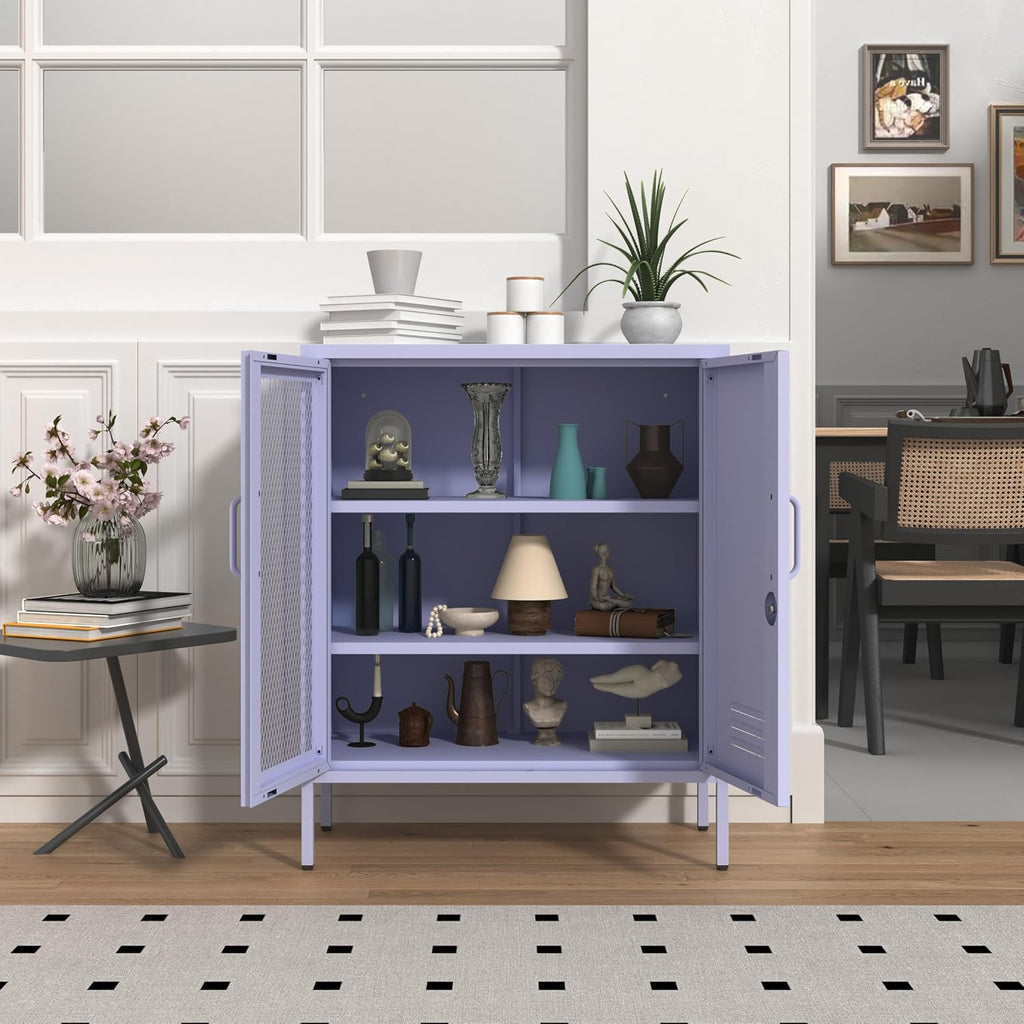 Purple Metal Storage Cabinet with Lock 3-Tier Freestanding Locker Organizer with Mesh Ventilated Door Multipurpose Accent Cabinet Locker Adjustable legs For Hallway, Living Room, Entryway, Home Office